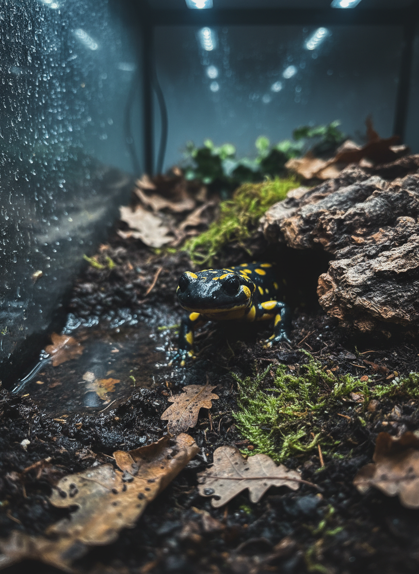 A serene scene of a tiger salamander in photographic realism, emerging from a burrowed hide in a moist, bioactive terrarium. Its glossy black skin is patterned with bold yellow spots, glistening under dim, cool-toned LED lighting. The substrate is a rich, dark mix of soil, leaf litter, and moss, with small pieces of cork bark and a shallow water pool reflecting subtle highlights. Droplets cling to the glass walls, suggesting high humidity. Captured from a low, close angle with the salamander’s curious face in sharp focus and the background softly blurred, the mood is mysterious yet gentle, emphasizing a nighttime, forest-floor atmosphere perfect for amphibian care education.