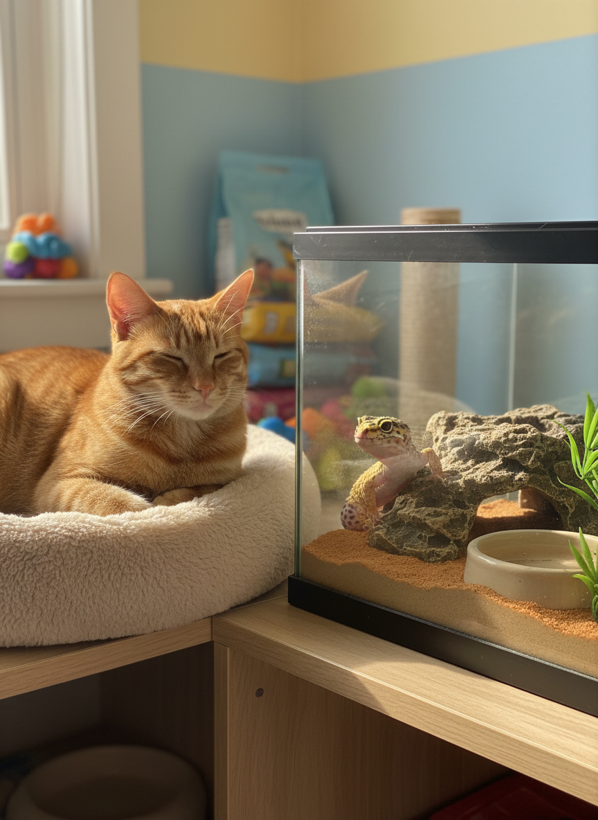 A cozy indoor pet corner featuring a fluffy short-haired tabby cat lounging beside a glass terrarium that houses a curious leopard gecko on warm, sandy substrate. The terrarium has naturalistic rock hides, a small water dish, and faux plants, all arranged on a light wooden shelf. Soft afternoon light filters through a nearby window, creating gentle highlights on the cat’s fur and subtle reflections on the terrarium glass. The background is softly blurred, with pastel walls and neatly arranged pet supplies. Photographic realism, shot at eye level with a shallow depth of field, conveying a playful, welcoming atmosphere that celebrates multi-species mini zoo life at home.