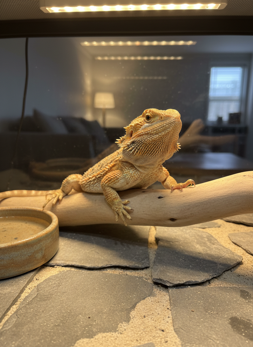 A close-up photographic realism shot of a bearded dragon perched proudly on a smooth, sun-bleached driftwood branch inside a spacious terrarium. Its scales show intricate patterns of orange, tan, and sandy yellow, with tiny claws gripping the wood. Below is a textured mix of slate tiles and fine sand, with a shallow ceramic water dish nearby. Overhead, a basking bulb and UVB strip light cast warm, directional light, creating dramatic highlights along the dragon’s back and soft shadows under the branch. The background glass shows a faint, blurred glimpse of a cozy living room. Shot at eye level with shallow depth of field, the mood is calm, confident, and slightly playful.