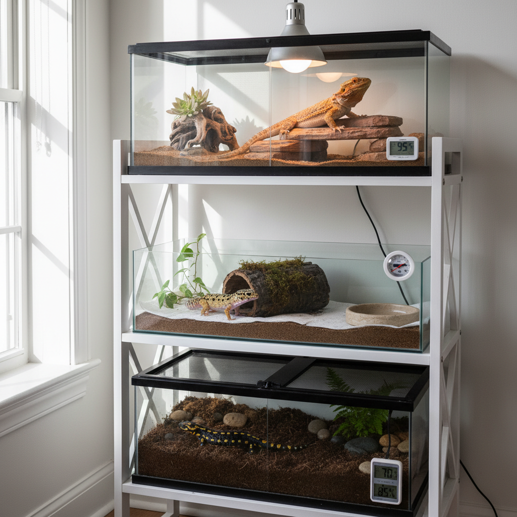 A bright, well-organized reptile and amphibian habitat shelf, showcasing three separate enclosures: one for a bearded dragon basking under a heat lamp on textured rock, one for a leopard gecko exploring a moist hide, and one for a tiger salamander partially burrowed in damp soil. Each tank has distinct substrates, thermometers, and decorative elements like driftwood and hardy plants. Natural daylight from a side window mixes with the warm glow of the terrarium lights, casting layered shadows on a clean white wall. Captured from a slightly elevated angle with crisp focus throughout, in photographic realism, the mood is educational yet playful, emphasizing thoughtful, species-specific pet care in a home setting.