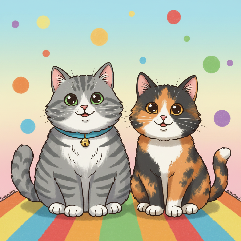 A friendly, kid-appealing illustration of two cats: one grey tabby (tiger-striped) and one tortoiseshell, sitting together on a simple, colorful background